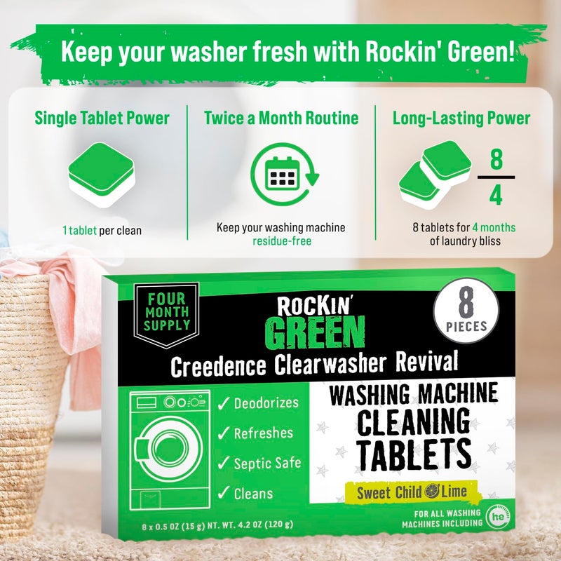 Rockin' Green Deep Cleaning and Deodorizing Tablets for Dishwashers, Washing Machines, and Garbage Disposals, Removes Odor and Residue (Washing Machine Cleaning Tablets, 8 Pack) - Image 4